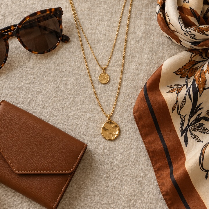 Flat lay of tortoiseshell sunglasses, a silk scarf, gold necklaces and a small leather wallet