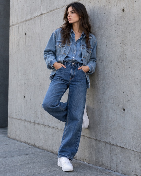 Person in a light denim jacket, blue jeans and white sneakers leaning on a concrete wall