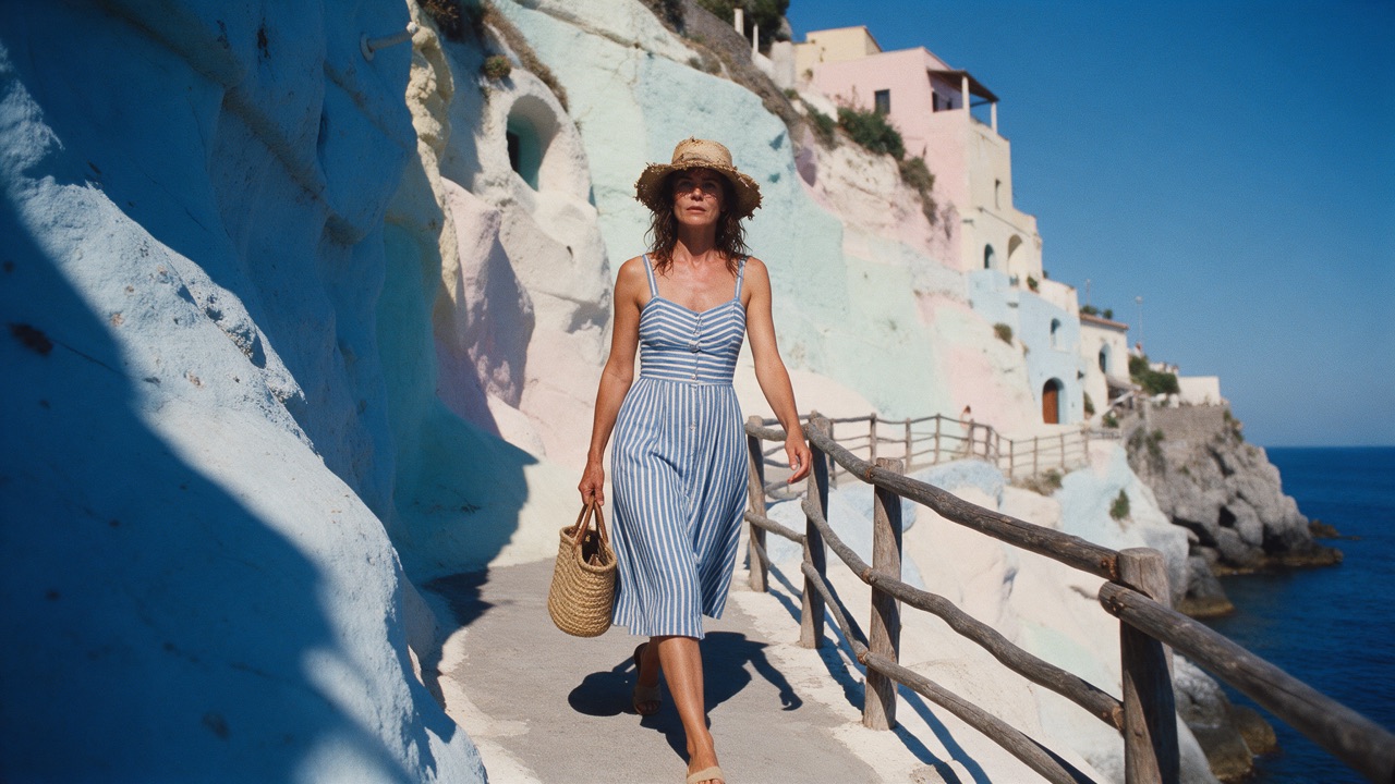 Woman in a blue and white striped sundress and straw hat, holding a basket bag