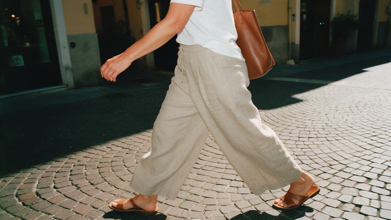 Woman in a white tee, wide linen trousers and sandals, with a leather tote