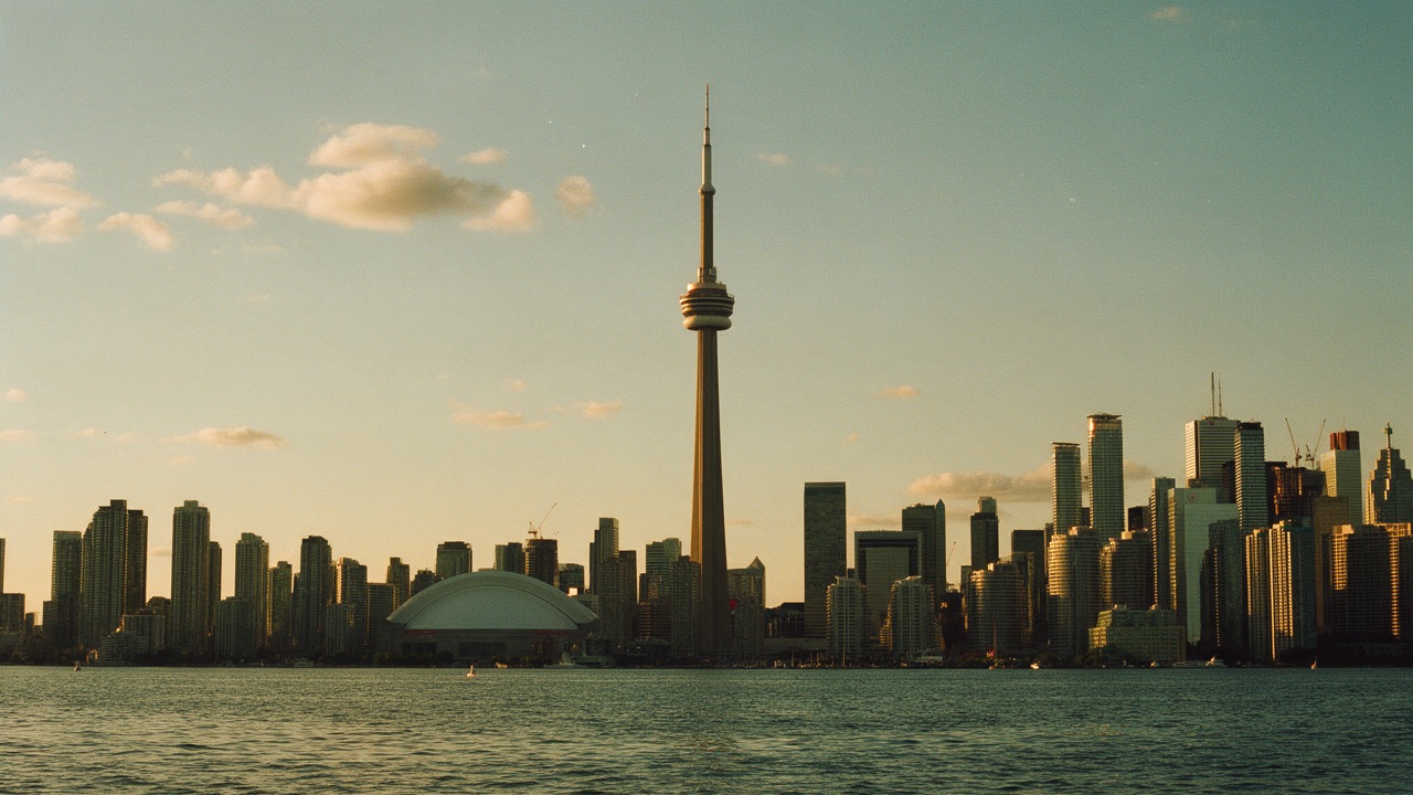 A city skyline with a tall observation tower at dusk, across the water
