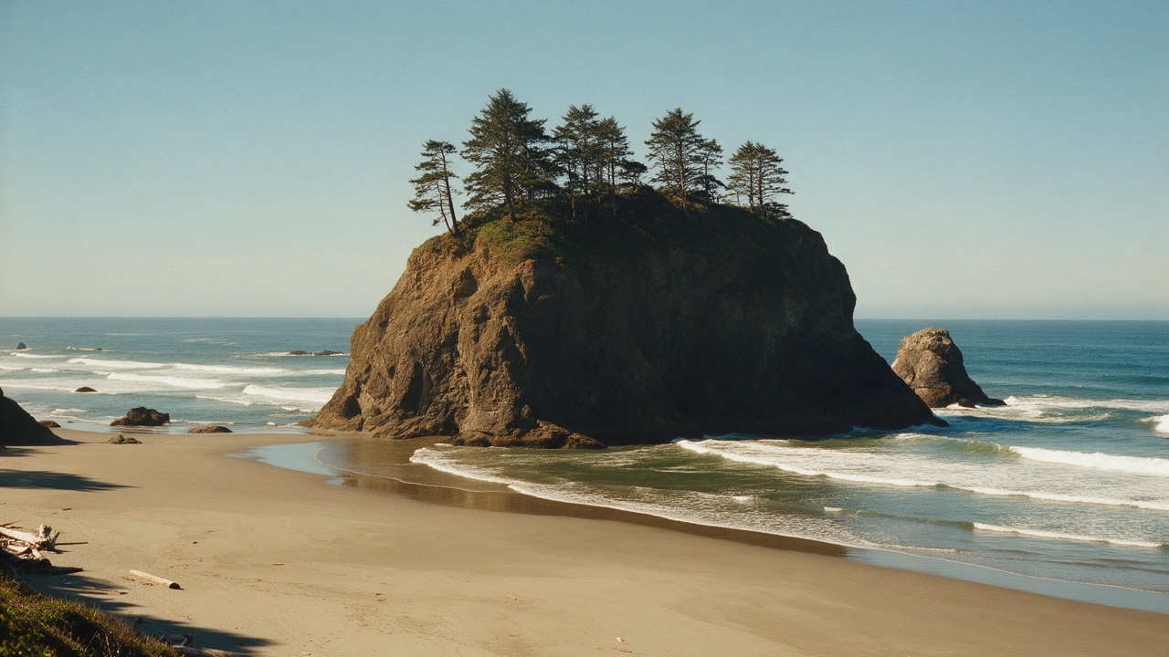A large sea stack topped with pines off a sandy beach