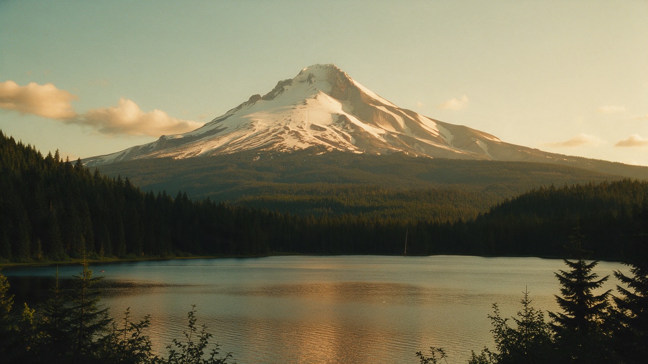 A snow-capped volcano above a forested lake at sunset