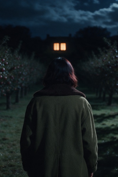 Poster: a woman among apple trees at night