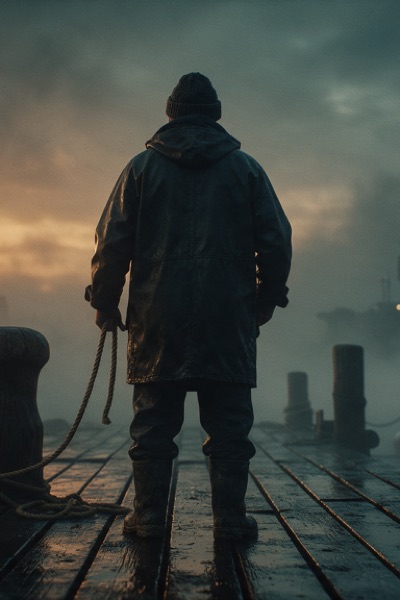 Poster: a lone fisherman on a foggy pier at dusk
