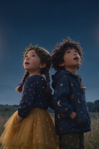 Poster: two children under hanging paper moons